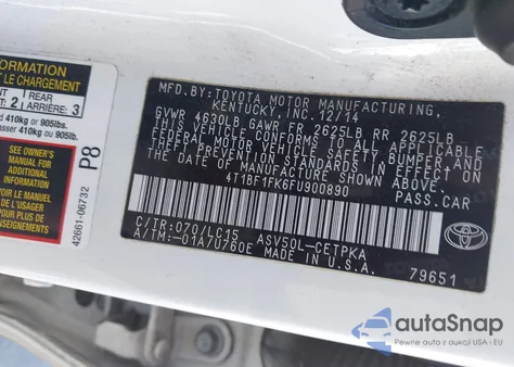 2015 Toyota Camry Xse z USA, uszkodzony, nr VIN 4T1BF1FK6FU900890